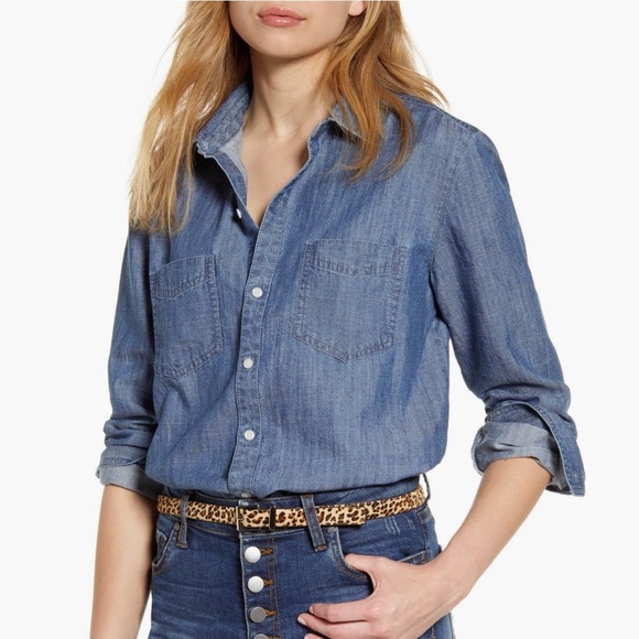 Caslon Chambray Button-Up Shirt | Medium Was Denim | Size Small Petite - Picture 3 of 9